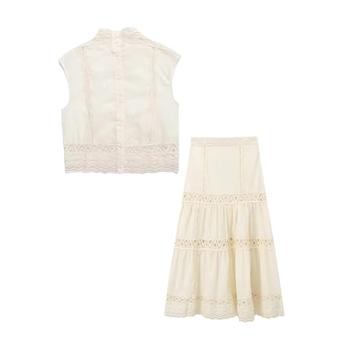 Women's 2-Piece Set Sleeveless Single-Breasted Top+Hollow High Street Lace Crochet Skirt