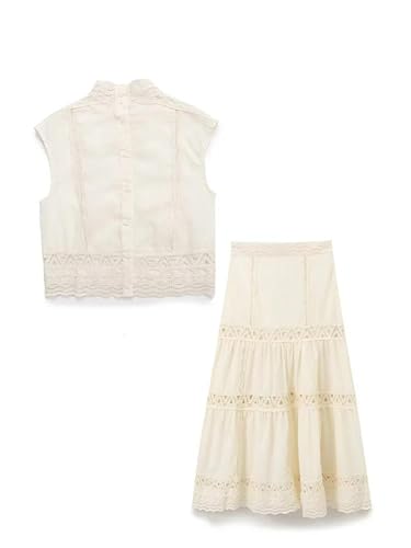 Women's 2-Piece Set Sleeveless Single-Breasted Top+Hollow High Street Lace Crochet Skirt