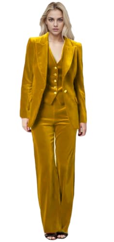 3 PC Womens Velvet Pant Suit - Peak Lapel Business Blazer Vest Pants for Prom Office Work