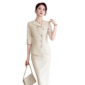 310GUi7mPwL.jpg Women's Spring and Summer Solid Single-Breasted Half-Sleeved Slim Suit Jacket and Skirt Two-Piece Set