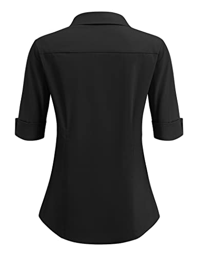 312o6sMcMXL.jpg Women's Basic Button Down Shirts 3/4 Sleeve Stretch Button Up Dress Shirt Slim Fit Waitress Work Shirts