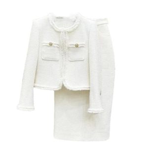 315qbjlKVAL.jpg Women White Suit Tweed Jacket + Skirt Spring/Autumn Coat Business Ladies 2 Piece Skirt Sets