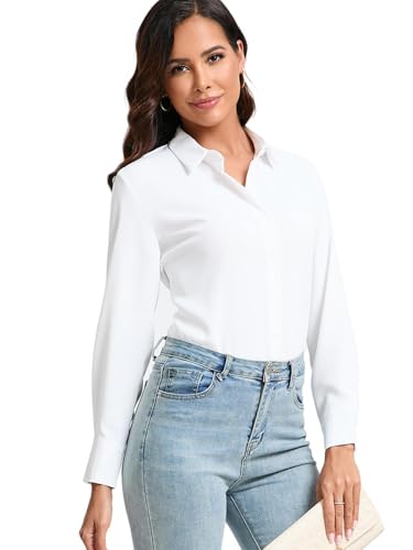 317hXEZL3YL.jpg Womens Stretch Button Down Shirt Long Sleeve Wrinkle-Free Lightweight Smooth Loose Casual Office Work Shirts