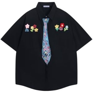 Men's Button Down Shirts Handcrafted Floral Short Sleeve Shirt Graffiti Necktie Casual Shirts Summer Beach Tops