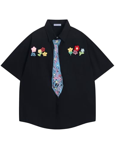 317toBz5csL.jpg Men's Button Down Shirts Handcrafted Floral Short Sleeve Shirt Graffiti Necktie Casual Shirts Summer Beach Tops