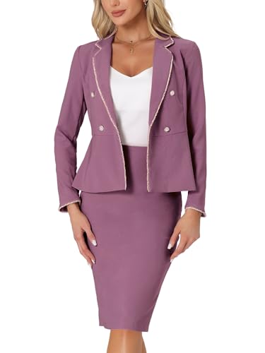 318gAyL3HL.jpg Women's Two Piece Skirt Sets Tweed Trim Blazer Knee Length Work Pencil Skirt Business Suits Office Outfits