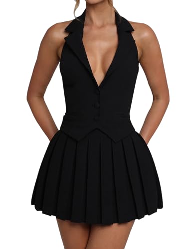 31BCWD0xaeL.jpg Women's 2 Piece Sets for Women Button Down A-Line V Neck Sleeveless Blazer Vest and Mini Pleated Skirt Set