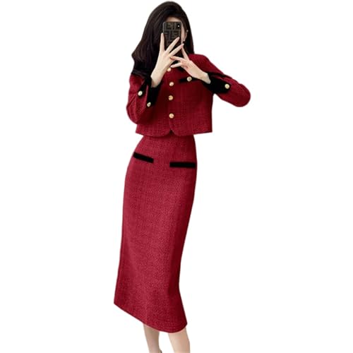 31ClpaaBYL.jpg Women Vintage Tweed Two Piece Set Short Coat + Bodycon Skirt Suits Winter Elegant 2 Piece