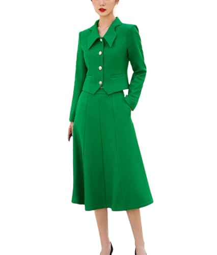 31DlRLc3fL.jpg Women Spring Skirt Sets Solid Long Sleeve Lapel Collar Short Coat Big Swing A-Line Skirt 2 Piece Suits
