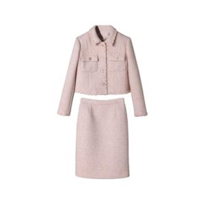 31F4LWspV5L.jpg Women's Pink High-End Commuter Skirt Set Long-Sleeved Lapel Short Coat Skirt Two-Piece Set