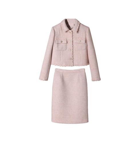 Women's Pink High-End Commuter Skirt Set Long-Sleeved Lapel Short Coat Skirt Two-Piece Set