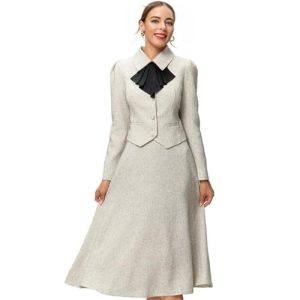 31FEUTA4HQL.jpg Women Red Vintage Skirts Set Lapel Ruffles Button Pockets Slim Coats Long Skirts 2 Pieces Set