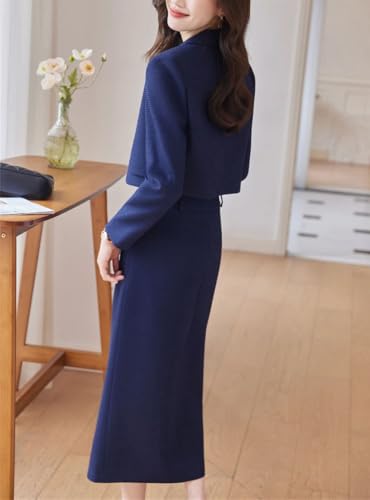 31FyrkL9HL.jpg Women Solid Long Sleeve Notch Collar Cropped Jacket High Waist Split Straight Pencil Skirt 2 Piece Suits Sets