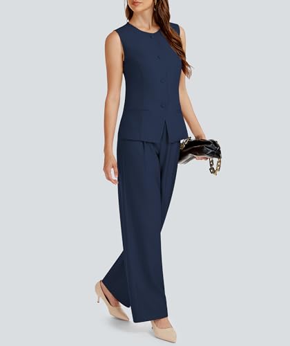31He6QgYU4L.jpg Women's Summer 2 Piece Blazer Outfits Sleeveless Crewneck Vest Wide Leg Pantsuit 2025 Dressy Casual Work Sets