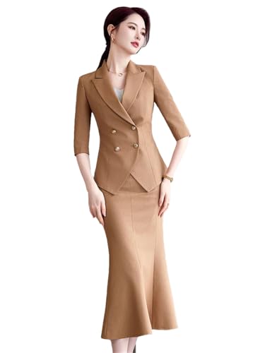 31IC1j7T1GL.jpg Women's Spring and Summer Solid Lapel Double-Breasted Half-Sleeved Suit Skirt Set