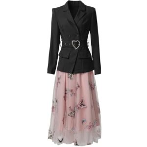 31IUoUZv0sL.jpg Women Suit Long-Sleeve Double Breasted Notched Tops Embroidery Skirt 2 Piece Set