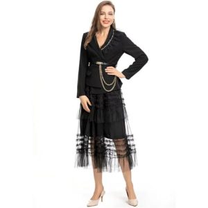31K1jQe8VbL.jpg Women Black Skirts Suit Long Sleeve Sashes Blazer Mesh Long Skirts 2 Pieces Set