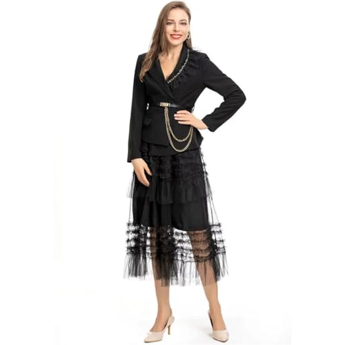 31K1jQe8VbL.jpg Women Black Skirts Suit Long Sleeve Sashes Blazer Mesh Long Skirts 2 Pieces Set
