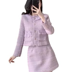 31KEaQah71L.jpg Women Fashion Small Fragrant Tweed Two Piece Set Jacket Coat Mini Skirt Suit French Elegant 2 Piece Outfits