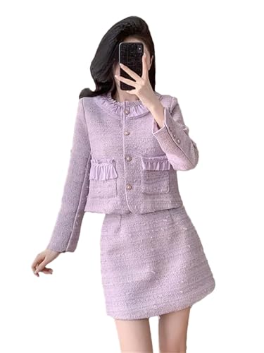 31KEaQah71L.jpg Women Fashion Small Fragrant Tweed Two Piece Set Jacket Coat Mini Skirt Suit French Elegant 2 Piece Outfits