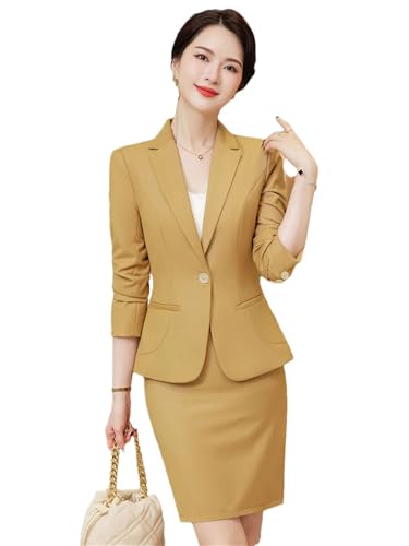 31KSD6KpZvL.jpg Women's Slim Two Piece Long Sleeve Notch Collar Single Button Suit Jacket and Skirt Set