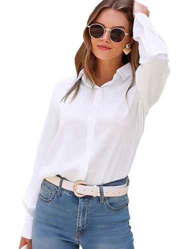 31KxPi-kjGL.jpg Womens Stretch Button Down Shirt Long Sleeve Wrinkle-Free Lightweight Smooth Loose Casual Office Work Shirts