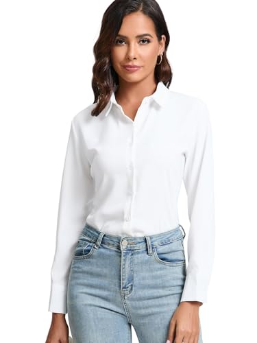 31LU3HlbFsL.jpg Womens Stretch Button Down Shirt Long Sleeve Wrinkle-Free Lightweight Smooth Loose Casual Office Work Shirts