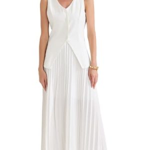 31LiJSwkRmL.jpg Women's 2 Piece Summer Outfits V Neck Sleeveless Button Vest Maxi Pleated Skirts Set