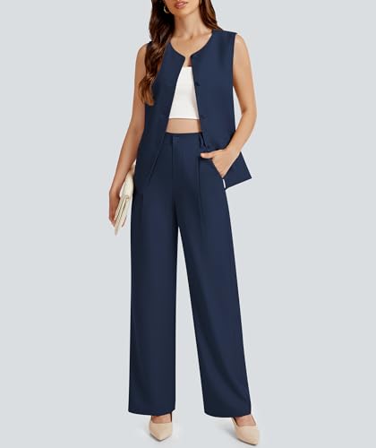 31MfKsnnsuL.jpg Women's Summer 2 Piece Blazer Outfits Sleeveless Crewneck Vest Wide Leg Pantsuit 2025 Dressy Casual Work Sets