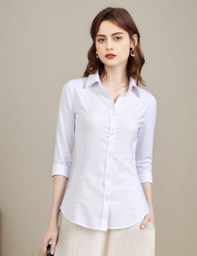 31Mqf3RX2sL.jpg Women's 3/4 Sleeve Formal Work Wear White Button Down Shirt