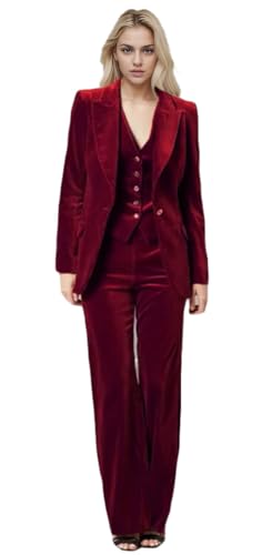 3 PC Womens Velvet Pant Suit - Peak Lapel Business Blazer Vest Pants for Prom Office Work