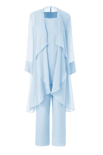 31NQyWTNvYL.jpg Women's Mother of The Bride Pant Suits 3 Pieces Chiffon Outfit Sets for Wedding Pant Suit with Jacket