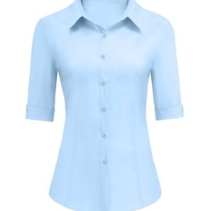 Womens Button Down Shirts 3/4 Sleeve Dress Blouses Business Casual Collared Oxford Tops