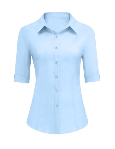 31PbxiGVWEL.jpg Womens Button Down Shirts 3/4 Sleeve Dress Blouses Business Casual Collared Oxford Tops