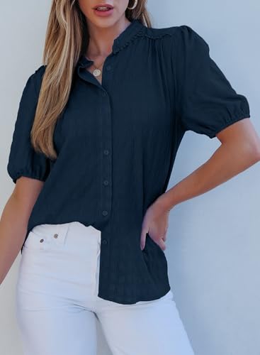 31Pg24ETO1L.jpg Womens Button Down Shirts Cute Short Puff Sleeve V Neck Tops Spring Summer Blouses for Women Dressy Casual