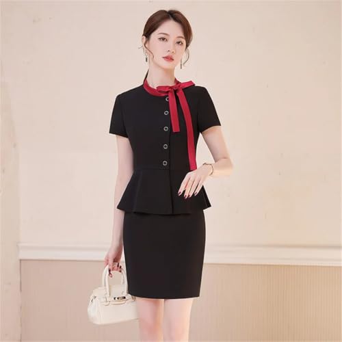 31SS5UvlzTL.jpg Women's Spring and Summer Round Neck Single Breasted Solid Color Suit Jacket and Skirt Set