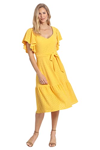 31SnJlXk9HL.jpg Women's Knit Eyelet Flutter Sleeve Belted Tiered Midi Dress Office Career Garden Party Day Guest of