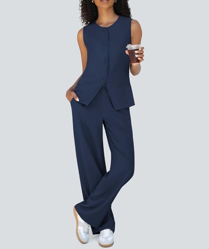 31W0K10SWHL.jpg Women's Summer 2 Piece Blazer Outfits Sleeveless Crewneck Vest Wide Leg Pantsuit 2025 Dressy Casual Work Sets