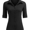 31W5k4o0X2L.jpg Women's Basic Button Down Shirts 3/4 Sleeve Stretch Button Up Dress Shirt Slim Fit Waitress Work Shirts