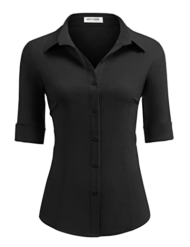 31W5k4o0X2L.jpg Women's Basic Button Down Shirts 3/4 Sleeve Stretch Button Up Dress Shirt Slim Fit Waitress Work Shirts