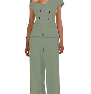 31WmNYTtchL.jpg Womens Summer Outfits Business Casual 2 Piece Vest Pants Set Asymmetric Collar Vest Wide Leg Pants for Women