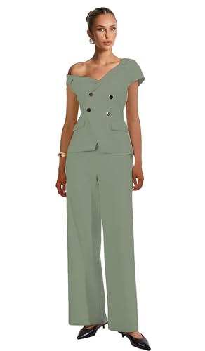 31WmNYTtchL.jpg Womens Summer Outfits Business Casual 2 Piece Vest Pants Set Asymmetric Collar Vest Wide Leg Pants for Women