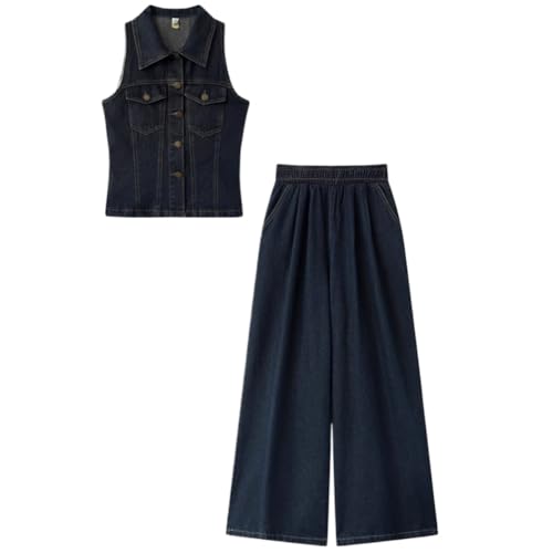 31X5GMhQNL.jpg Retro Sleeveless Vest Waist Denim Wide Leg Pants Twopiece Suit for Women