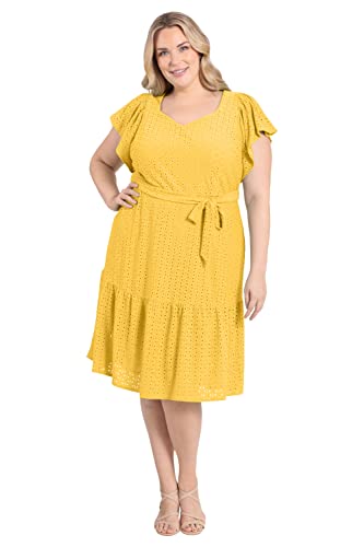 31XE4JBOpL.jpg Women's Knit Eyelet Flutter Sleeve Belted Tiered Midi Dress Office Career Garden Party Day Guest of