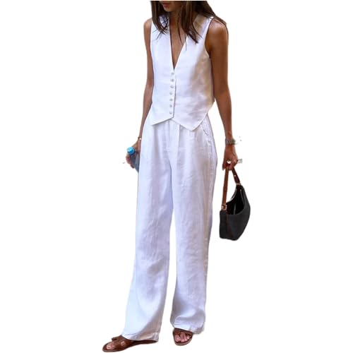 31YTxP7cKOL.jpg Retro Linen Women Suits Blue Sleeveless Button Vest Tops Wide Leg Pants Sets 2 Pieces Outfits Femme