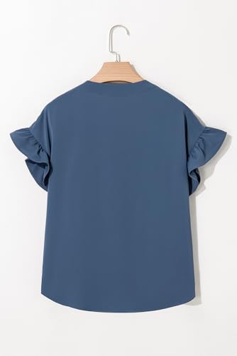 31ZEVGqpe0L.jpg Womens Button Down Shirts Ruffle Ruched Short Sleeve Tops Summer Solid Casual Work Business Blouses