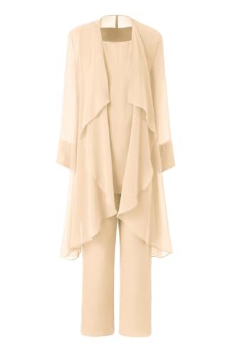 31ZVQBMnvvL.jpg Women's Mother of The Bride Pant Suits 3 Pieces Chiffon Outfit Sets for Wedding Pant Suit with Jacket