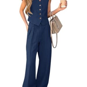 31aGMtsjakL.jpg Women's 2 Piece Outfits V Neck Pants Sets Crop Vest Blazer and Wide Leg Suit