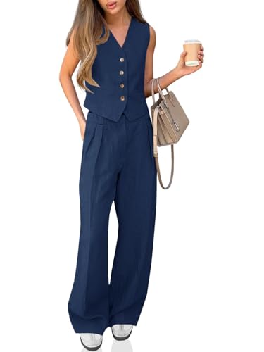 31aGMtsjakL.jpg Women's 2 Piece Outfits V Neck Pants Sets Crop Vest Blazer and Wide Leg Suit
