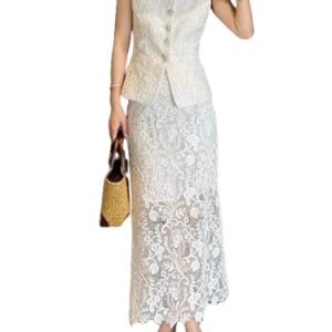31bVxdBuEL.jpg Women's Elegant Solid Color Embroidery Lace 2 Pieces Sets O Neck Sleeveless Tank Top and A Line High Waist Skirt Suits